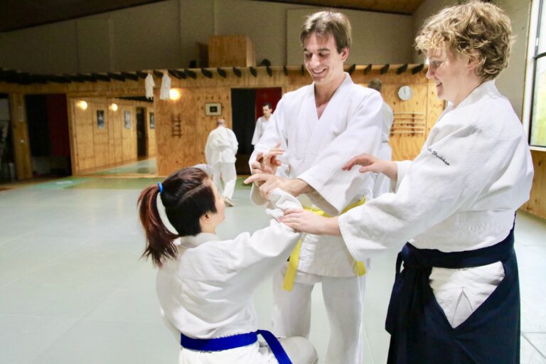 Adults practising an Aikido technique in class