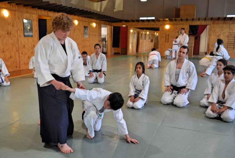 Adults and teens practising an Aikido technique