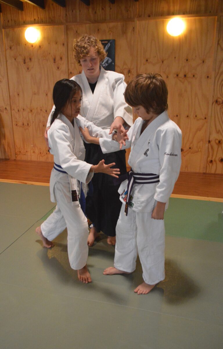 Children getting hands on instruction during an Aikido class