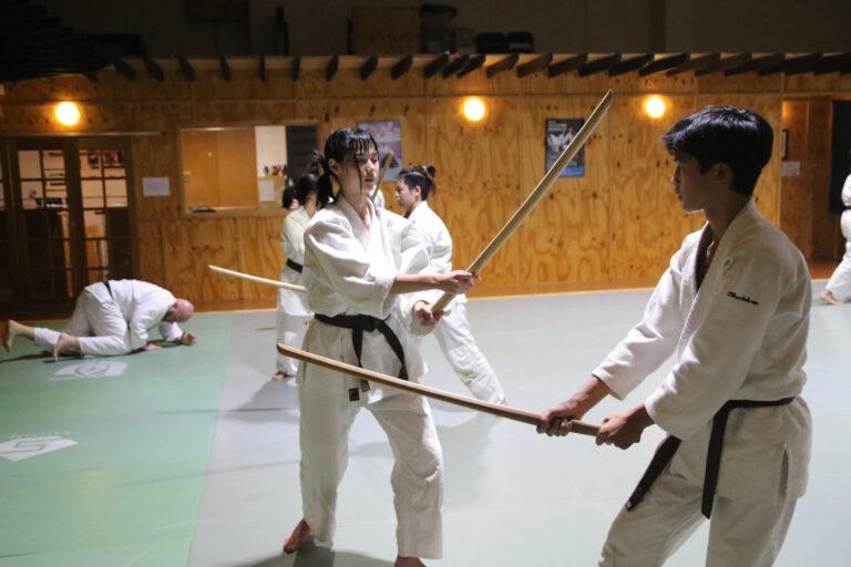a teen boy and teen girl practicing bokken (sword) training